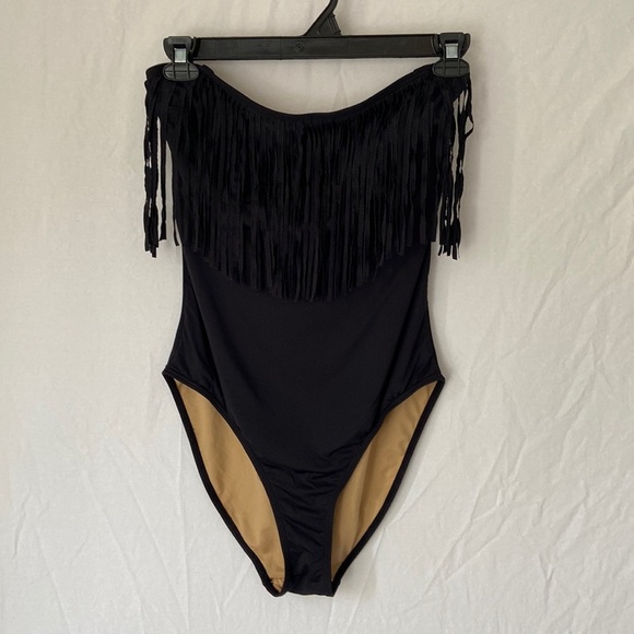 Downeast Swim Black Fringe Halter One-Piece Swimsuit Size L - Picture 1 of 8